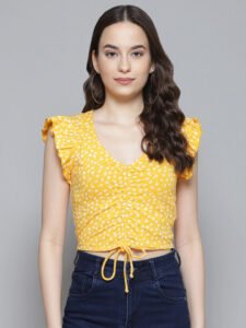 Mustard Yellow & White Ditsy Floral Print Crop Top (2)