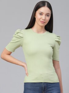 VividArtsy Women Green Ribbed Puff Sleeves Fitted Top (1)